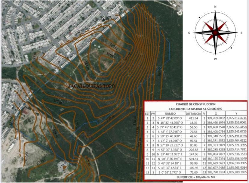 Plano con curvas de nivel y cuadro de construcción