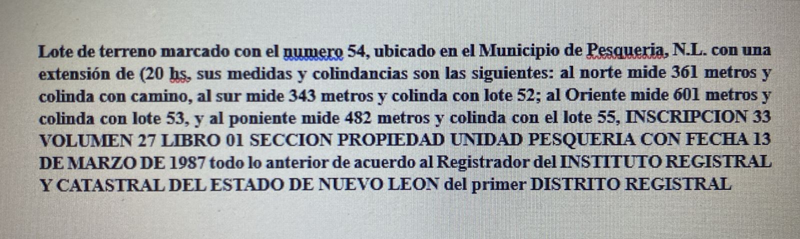 Información registral de lote en Pesquería, Nuevo León