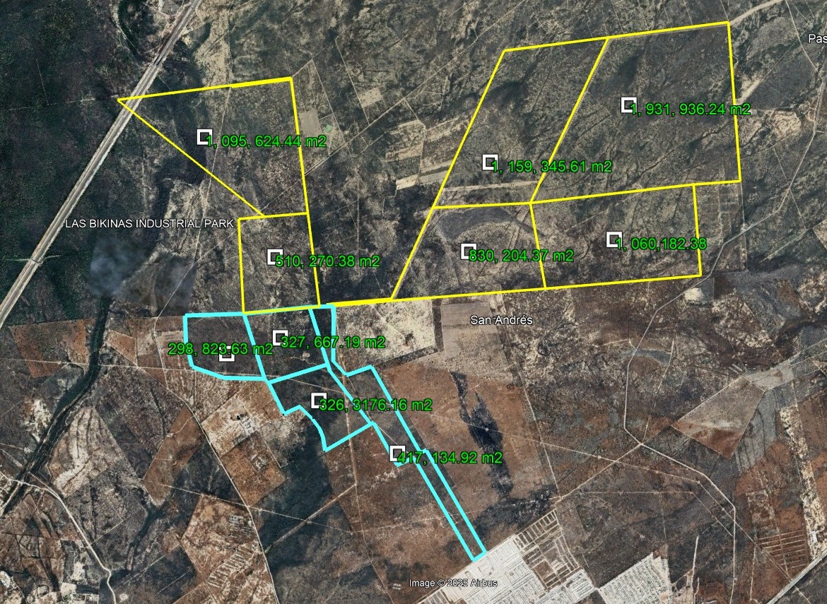 Mapa satelital con superficies de terrenos delimitadas