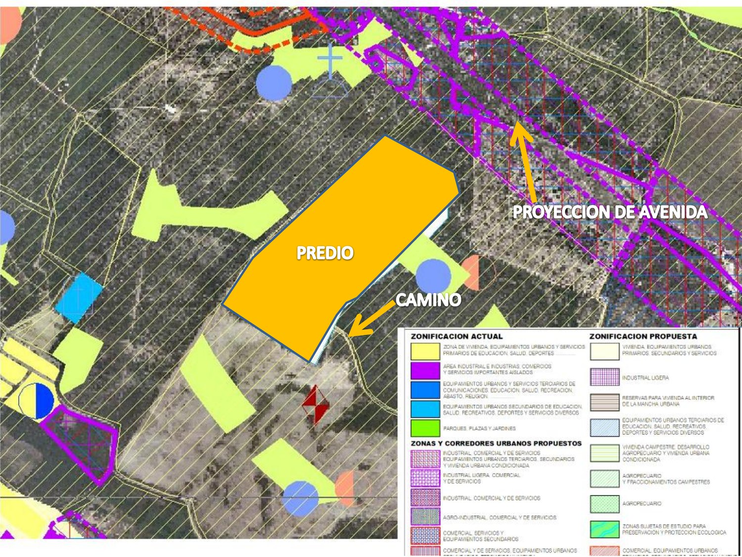 Plan Zacatequitas con predio, camino y proyección de avenida